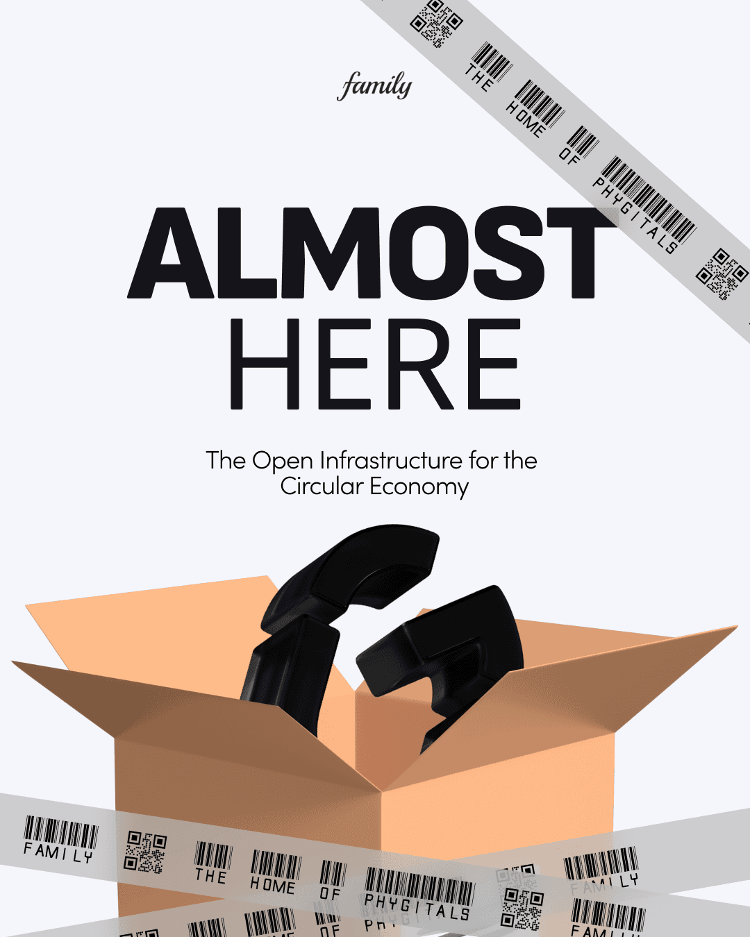 Universal Goods: Almost Here. A 3D render of products emerging from a cardboard box on an ice-white background, teasing the launch of Scout, the AI agent that automates Digital Product Passport compliance.