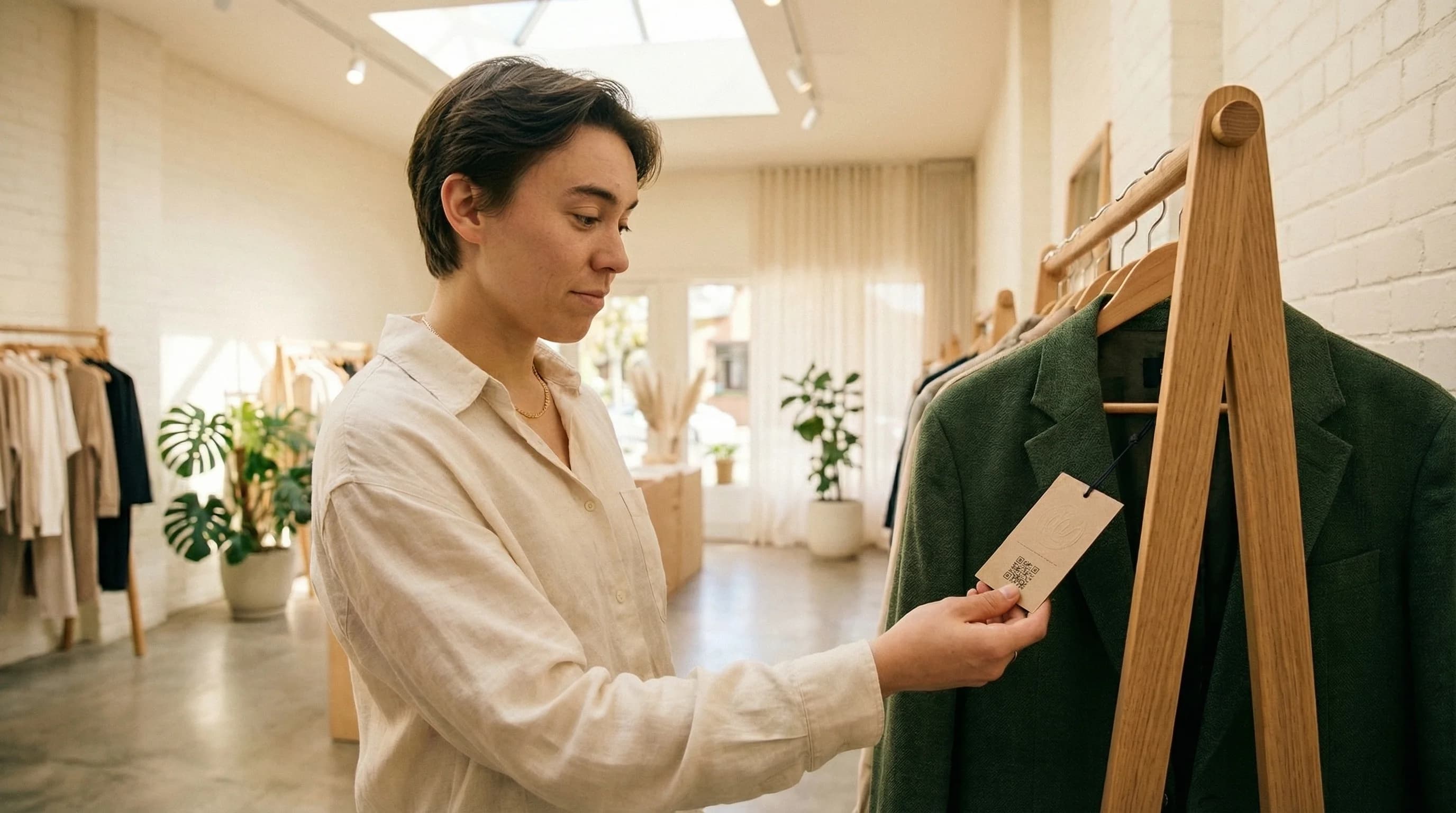 Person examining a product tag with QR code in a retail store