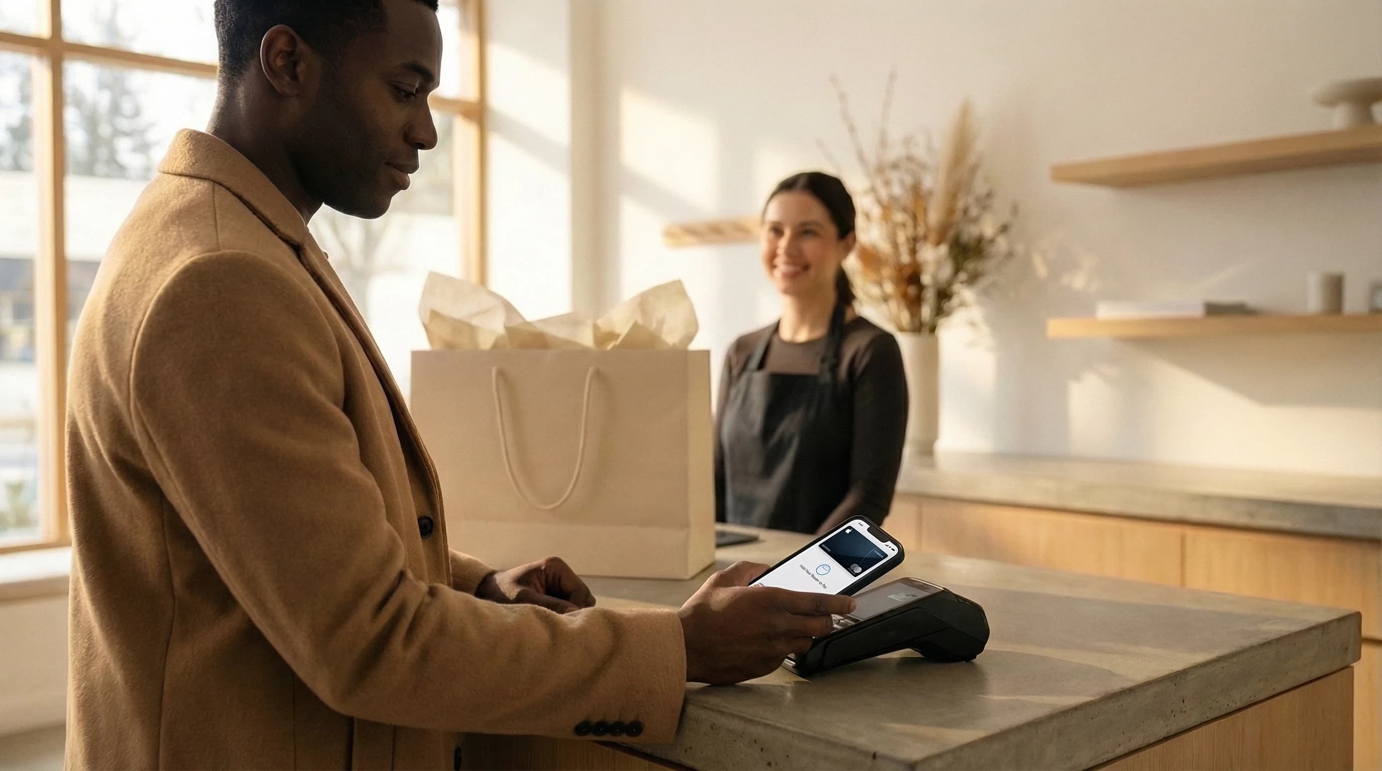 Man making a contactless payment at a boutique counter