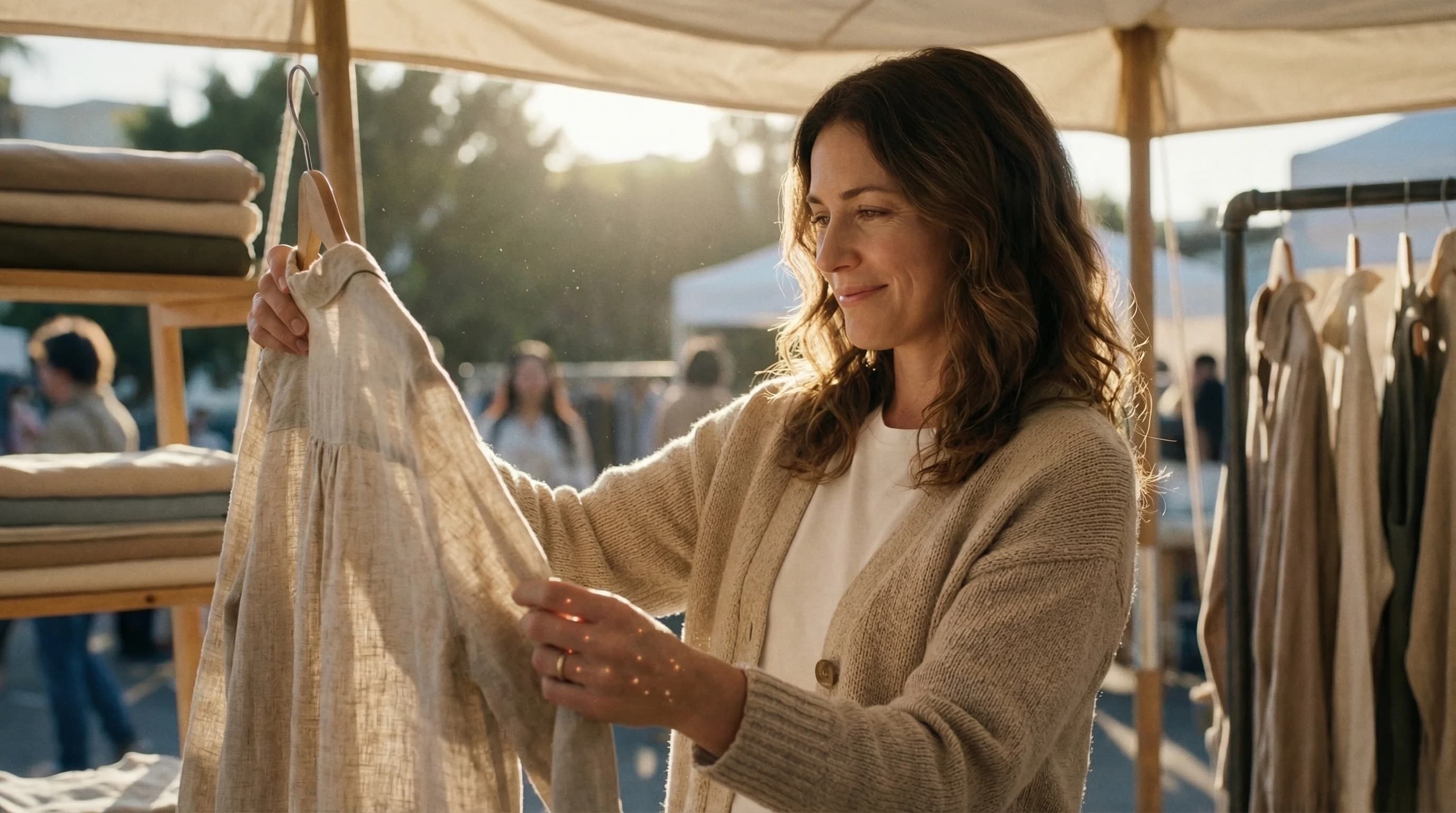 Woman browsing clothing at a farmers market