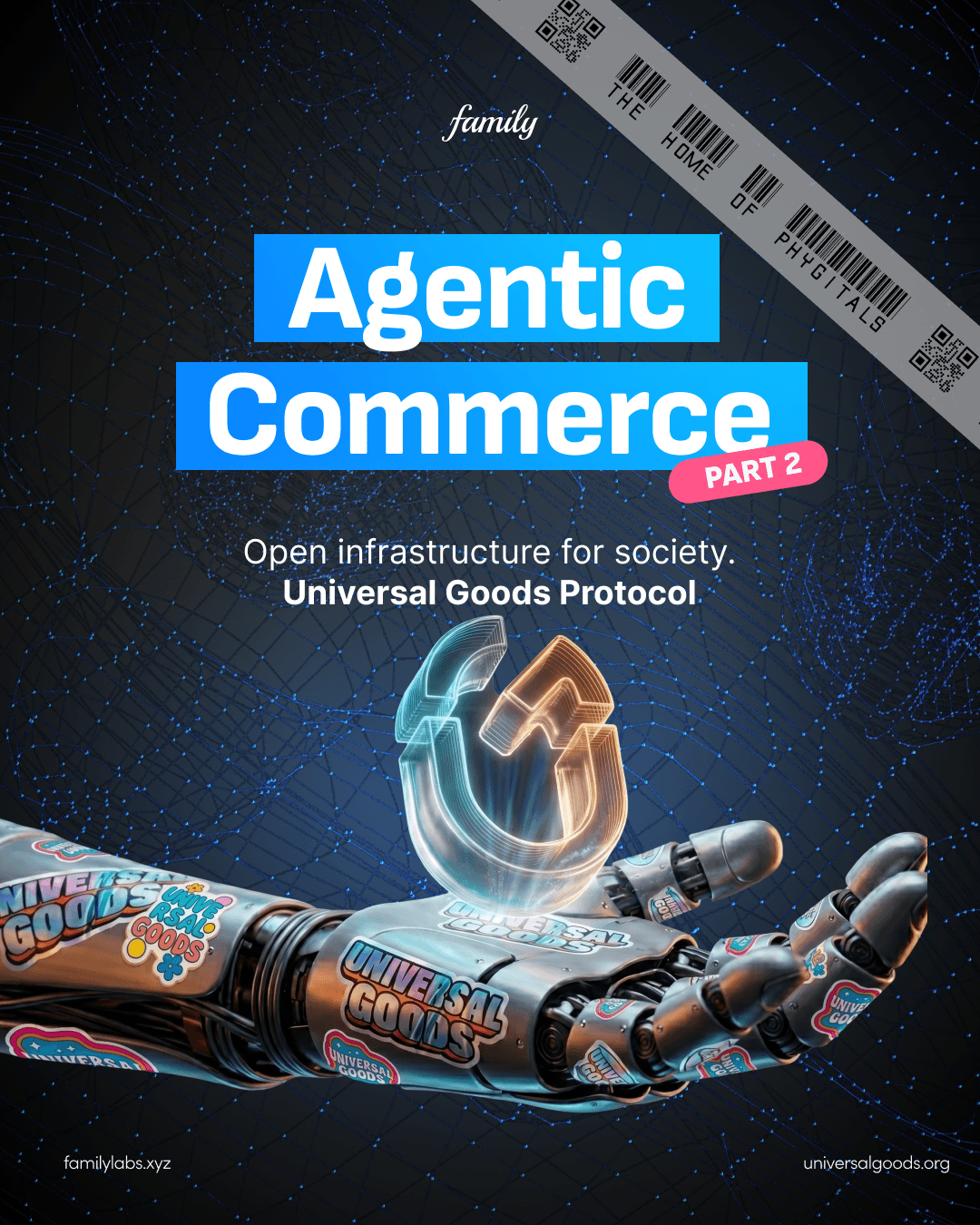 Agentic Commerce, Part 2: a robotic hand cradles the Universal Goods logo against a dark, star-like data field, representing open infrastructure for society.