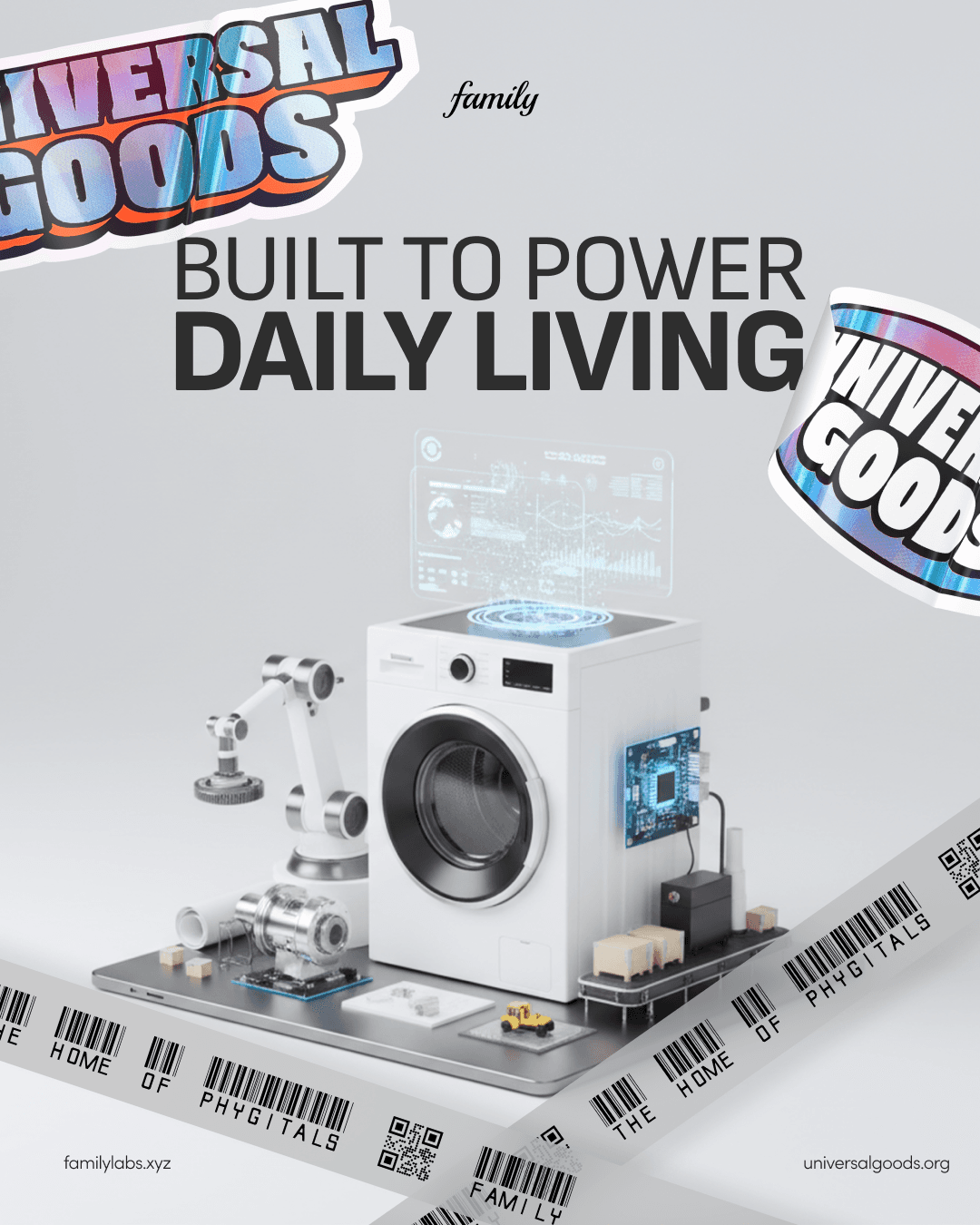 Universal Goods: Built to Power Daily Living. A 3D render of a washing machine flanked by a robotic arm and circuit boards on a pallet, set against a clean ice-white background, representing infrastructure that quietly powers everyday physical products.