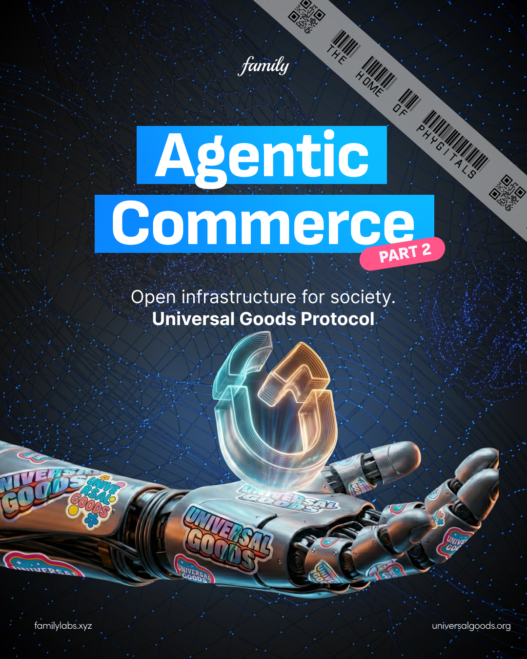 Agentic Commerce, Part 2 — Open infrastructure for society. A robotic hand holds the Universal Goods logo against a dark, data-filled background.