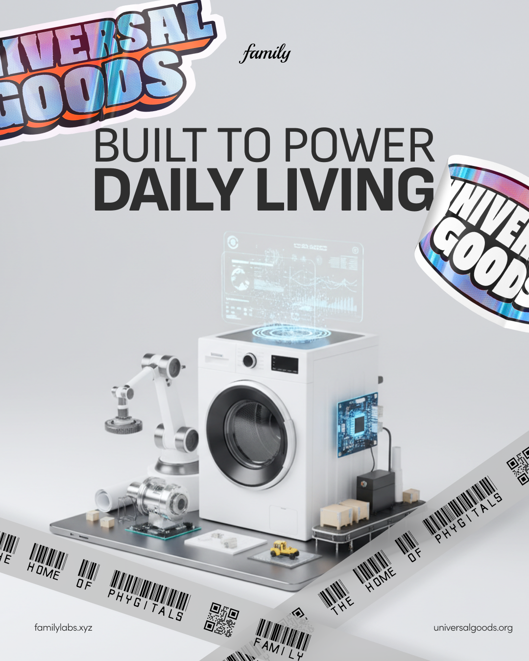 Universal Goods — Built to Power Daily Living. A washing machine surrounded by robotics and circuitry on an ice-white background, illustrating invisible infrastructure for physical commerce.