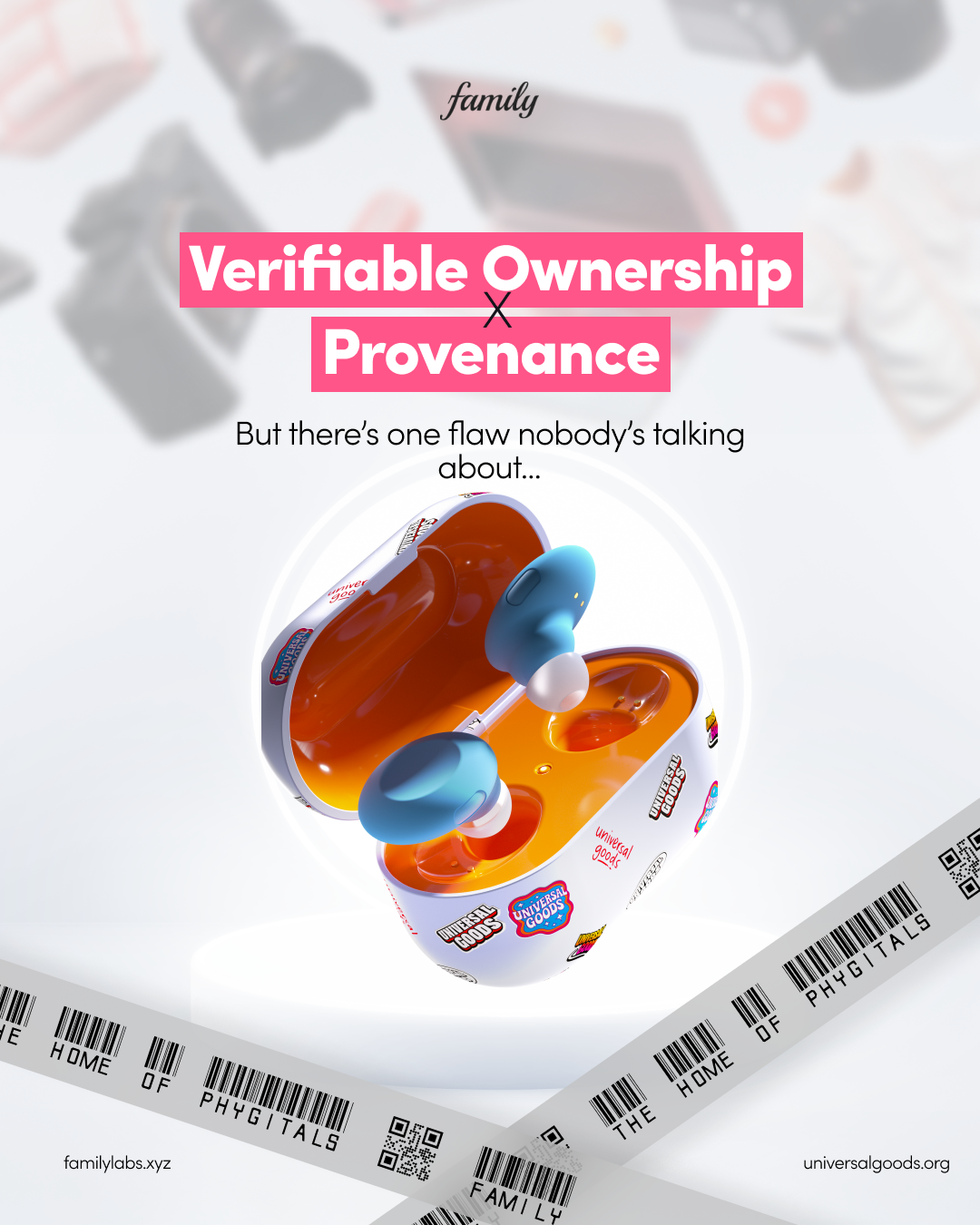 Verifiable Ownership and Provenance. A product suspended in a protective bubble on a light background, over the line 'But there is one flaw nobody is talking about.'