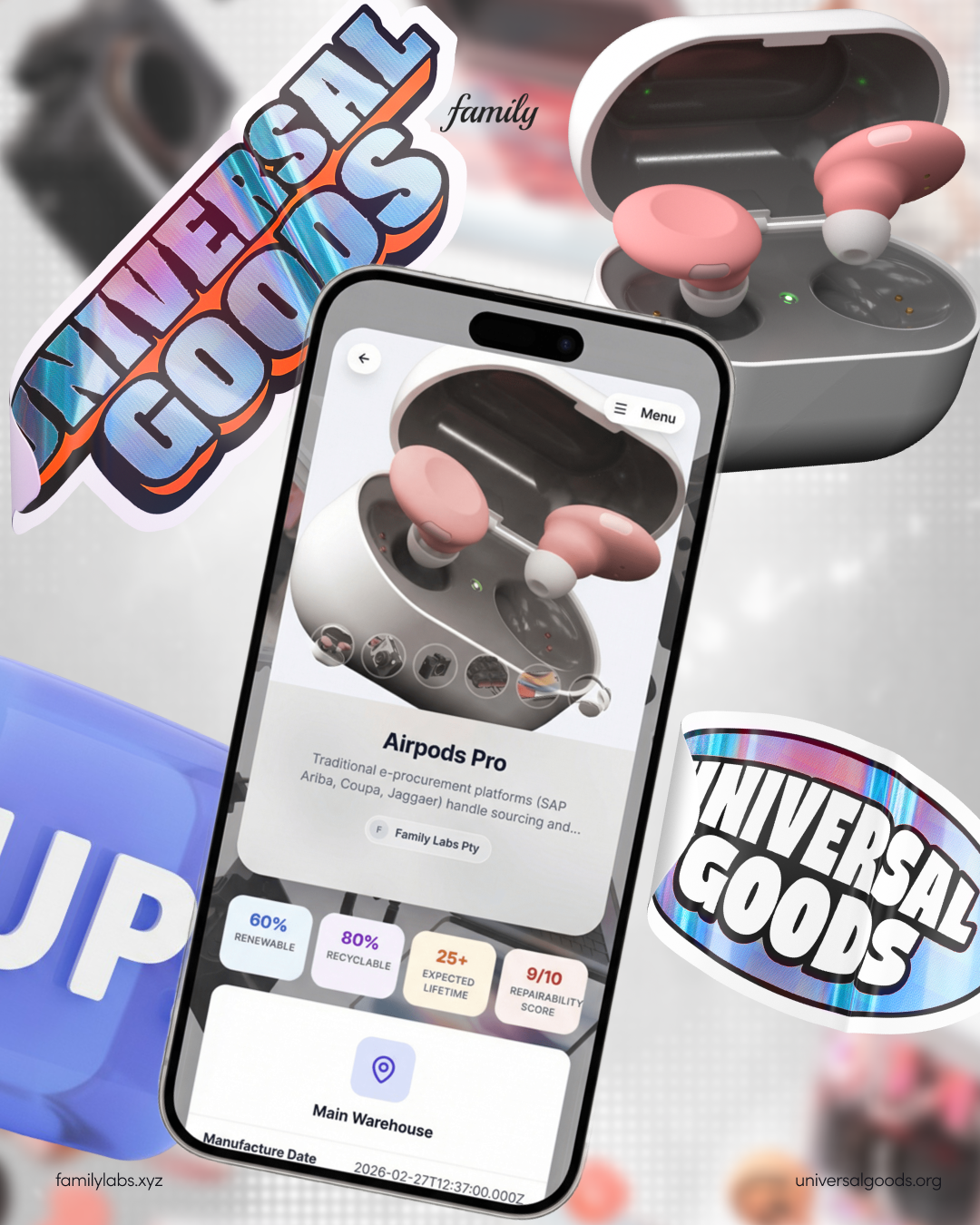 How a Digital Product Passport works: a phone displaying an Airpods Pro passport on the Universal Goods Platform, showing renewable, recyclable, expected-lifetime, and repairability metrics.